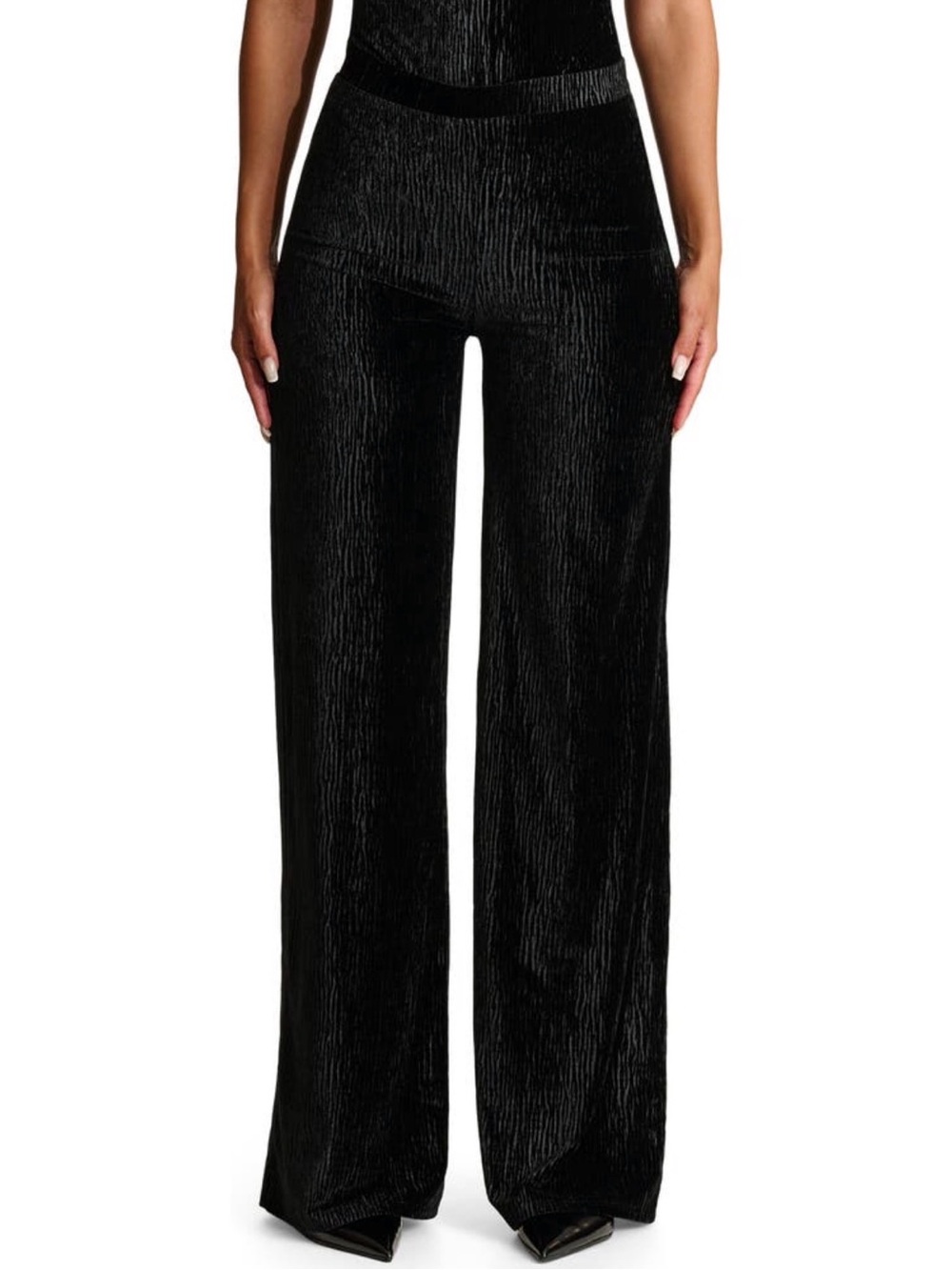 naked wardrobe Black Crushed Velvet Wide-Leg Pants